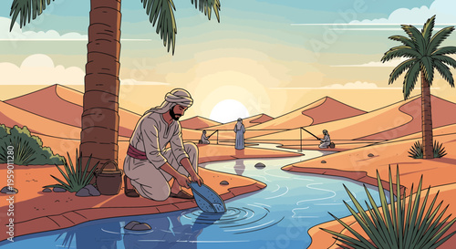 Man kneeling by desert oasis collecting water.