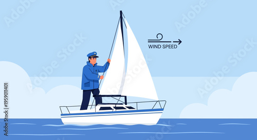Man steering sailboat with white sails full of wind.