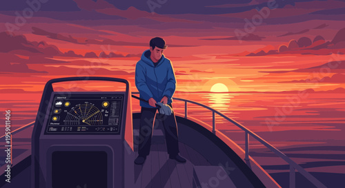 Man steering boat at sunset on the ocean.