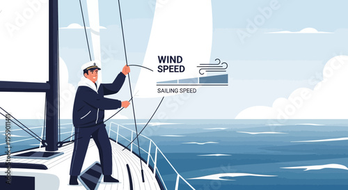 Man steering sailboat with wind speed indicator.