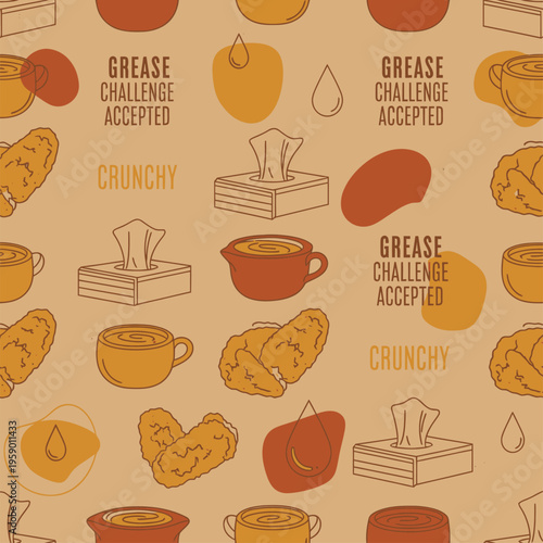 Seamless Pattern for Food Wrap Paper with Fried Chicken Illustration and Funny Quotes Grease Challenge Accepted for Fast Food Branding and Packaging