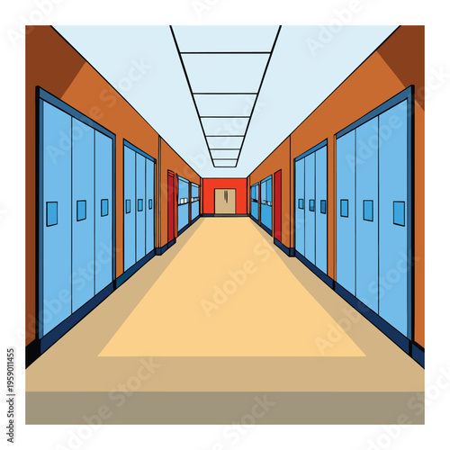 A quiet, empty school corridor stretches into the distance, lined with closed classroom doors and lockers. Soft light filters in, echoing silence and a sense of calm anticipation.
