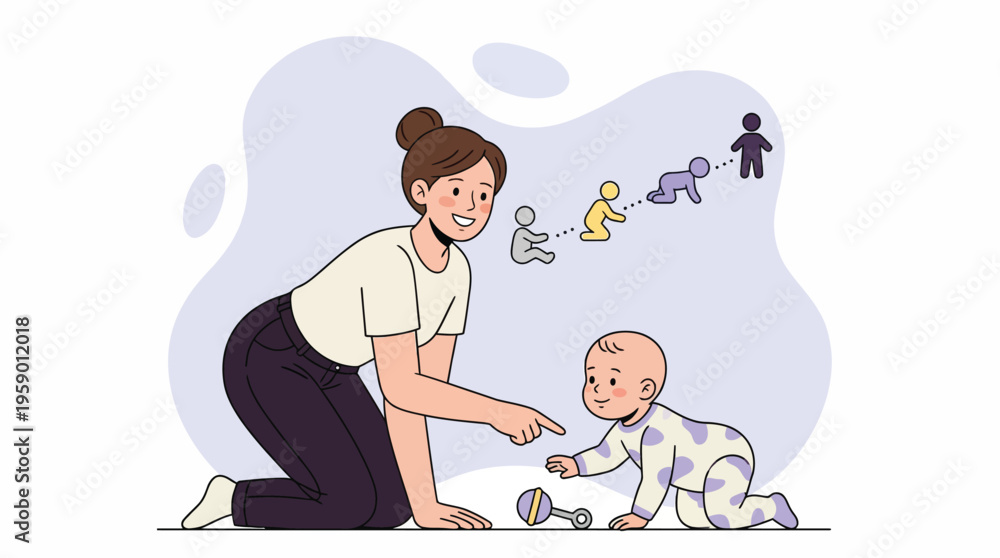Fototapeta premium Caring Mother Guiding Her Baby Through Important Developmental Stages from Crawling to Standing