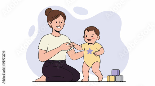 Smiling Mother Guiding Her Happy Baby's First Steps, Illustrating Childhood Development and Parental Support with Building Blocks