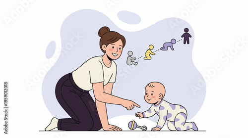 Caring Mother Guiding Her Baby Through Important Developmental Stages from Crawling to Standing