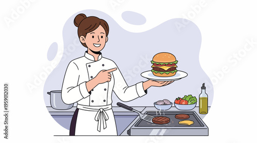 Smiling Female Chef Presenting a Delicious Gourmet Burger While Preparing More Fast Food on a Grill