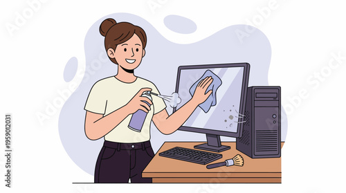 Smiling Young Woman Cleaning Desktop Computer Monitor Screen with Spray and Cloth, Promoting Digital Hygiene and Workspace Tidiness