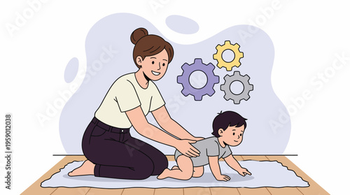 Joyful Illustration of a Mother Encouraging Her Baby's Motor Skill Development with Gears