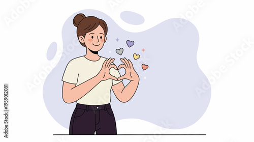 Positive illustration of a happy woman expressing self-love and well-being with a hand heart gesture and floating hearts