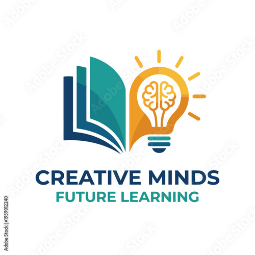 The logo for 'Creative Minds Future Learning' features an open book and a light bulb, symbolizing knowledge, creativity, and innovation in education with a bright design aesthetic.