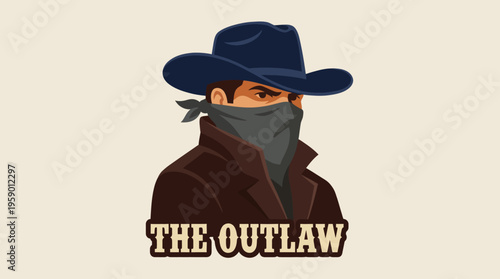 A shadowy figure of an outlaw wearing a cowboy hat and scarf embodies the classic Western theme, suggesting adventure, mystery, and the Wild West spirit.
