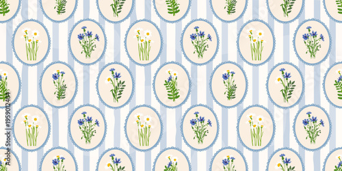 Seamless pattern with wildflowers in vintage medallions on a striped background. Textile print design featuring an illustration of a bouquet of daisies and cornflowers. Retro floral wallpaper