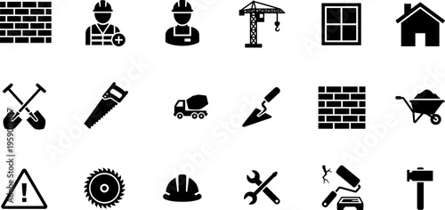 Construction icons, building tools, worker safety, industrial equipment, repair symbols, architecture design vector illustration