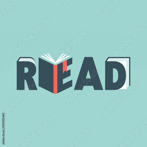 Photos An innovative text design representing the concept of reading with open books, cleverly integrated into the typography to symbolize knowledge and education