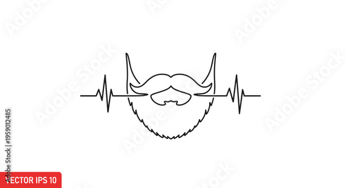 Beard Heartbeat Line Art: Hipster Style Icon with EKG Pulse