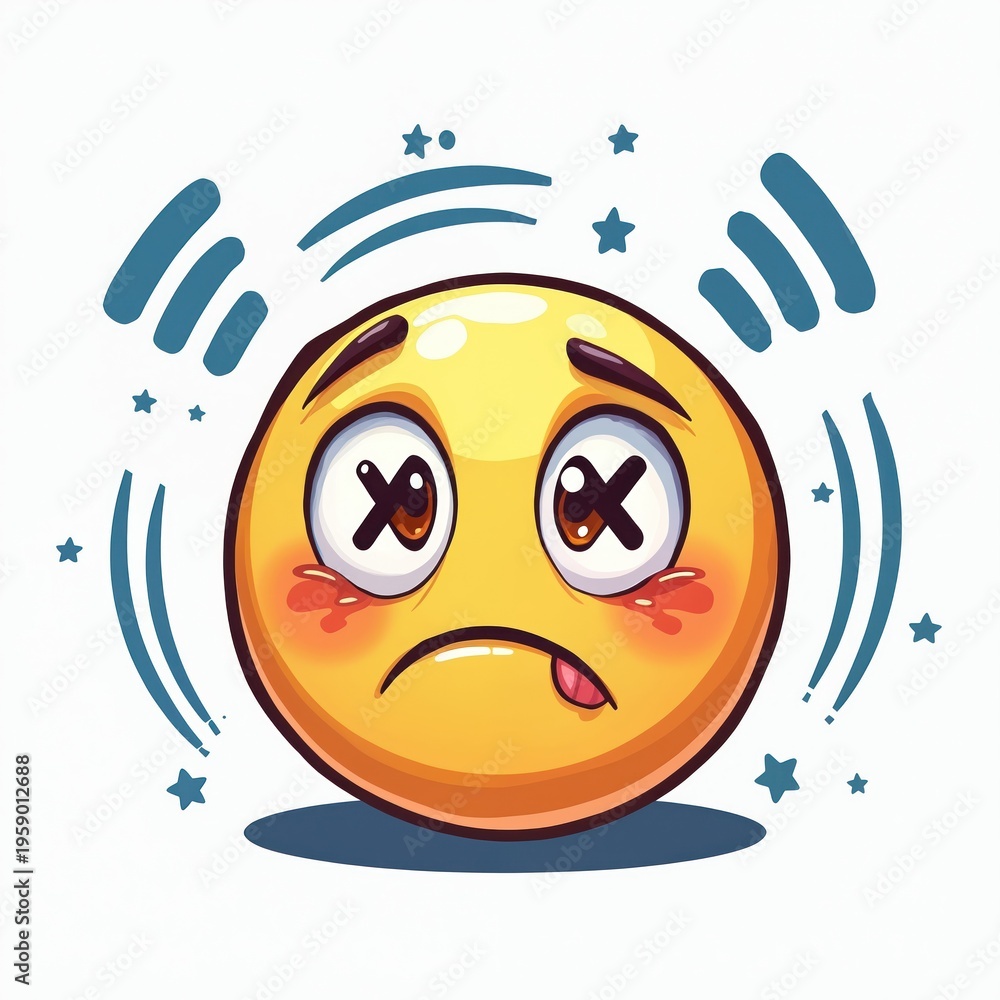 Obraz premium Dizzy emoji face with crossed eyes. Cartoon character feels sick or unwell. Swirling lines and stars indicate motion or confusion. Yellow face with red cheeks and a sad mouth.
