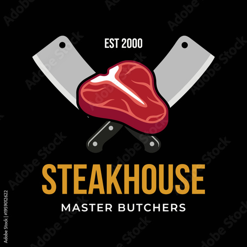 This logo features crossed cleavers and a steak icon, representing a steakhouse with a focus on expert butchery and high-quality meat products since the year 2000.