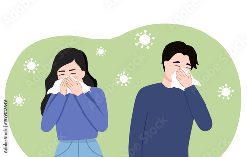 Man and woman with cold concept. Young boy and girl blowing their noses in white handkerchiefs. Colds and sickness, fever, flu. People with illness and disease vector illustration