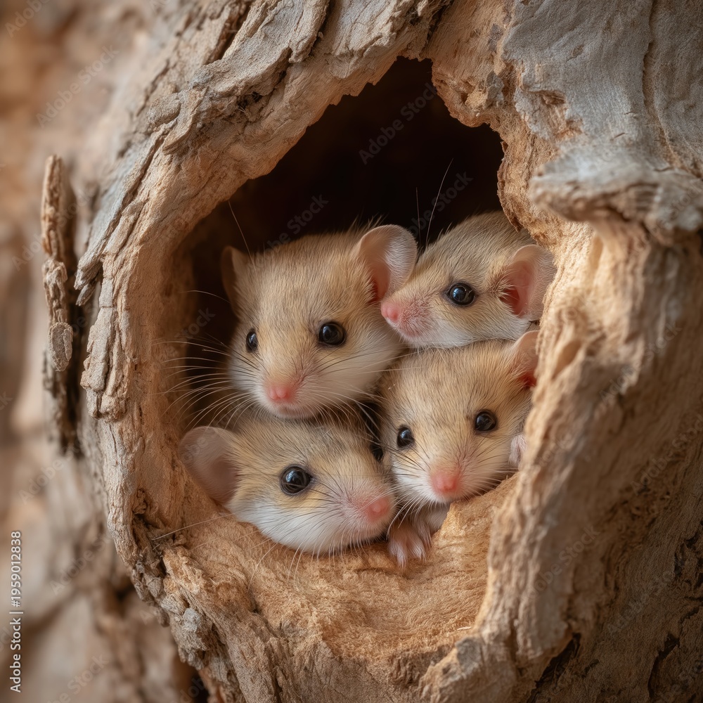 Fototapeta premium Adorable Mice Nestled in Tree Hollow