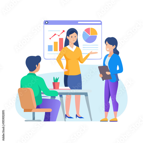 Business Meeting Illustration – Female Presenter and Team Discussing Strategy. Young female speaker explaining marketing strategy to colleagues. business woman giving ... See More