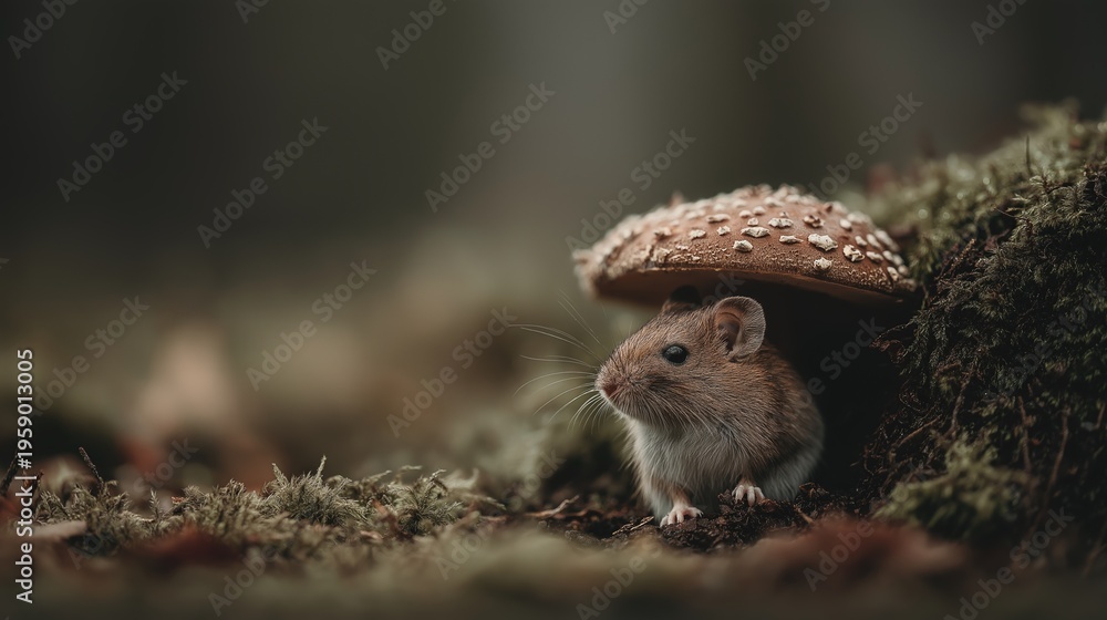Obraz premium Cute Mouse Sheltered Under Mushroom Cap