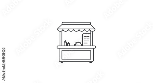 Street Food Cart Icon: Taco Stand with Menu and Condiments, Minimalist Line Art
