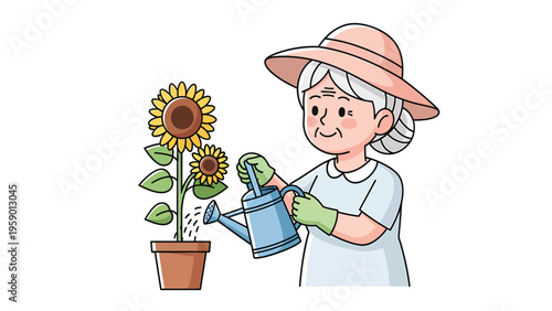 Happy Senior Woman Gardening: Watering Potted Sunflower Plant with a Watering Can