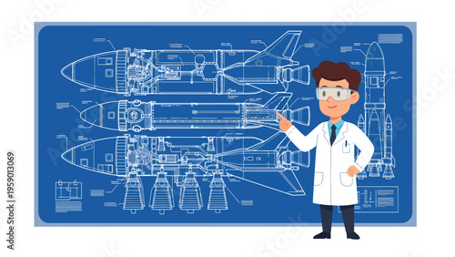 Cartoon Scientist Explaining Detailed Space Rocket Blueprint Design