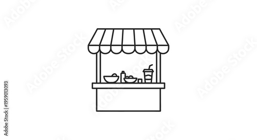 Street Food Stall Icon, Simple Line Art, Outdoor Kiosk with Food and Drink