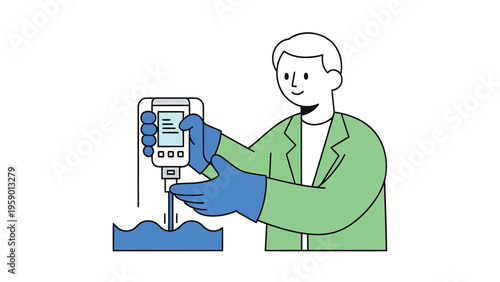 Scientist or technician performing liquid quality measurement with a handheld device. Environmental testing and scientific analysis.