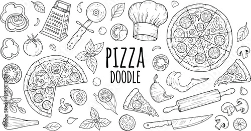 Pizza Ingredients and Tools Hand Drawn Doodle Set Vector Illustration