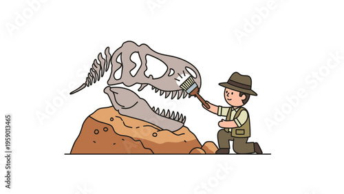 Young paleontologist cartoon character carefully excavating a dinosaur skull fossil from the ground, archaeology and discovery concept