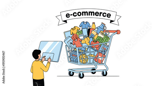 Online Shopping E-commerce Concept: Person using tablet to fill a large shopping cart with various products, digital retail