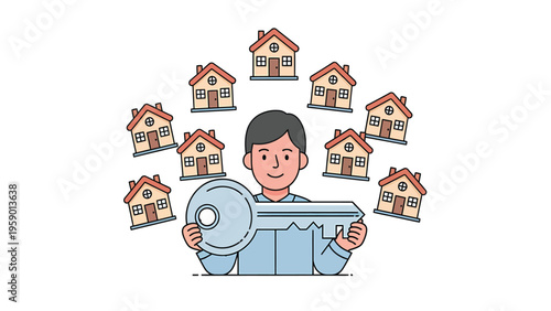 Real Estate Concept: Man Holding Key with Multiple Houses, Representing Property Ownership, Investment, and Home Search.