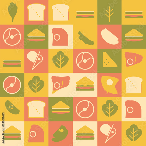 Seamless Pattern of Geometric Sandwich and Deli Ingredients in Flat Design Grid for Food Wrap Paper and Modern Cafe Branding