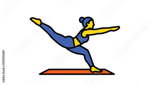 Minimalist illustration of woman practicing yoga balance pose on mat