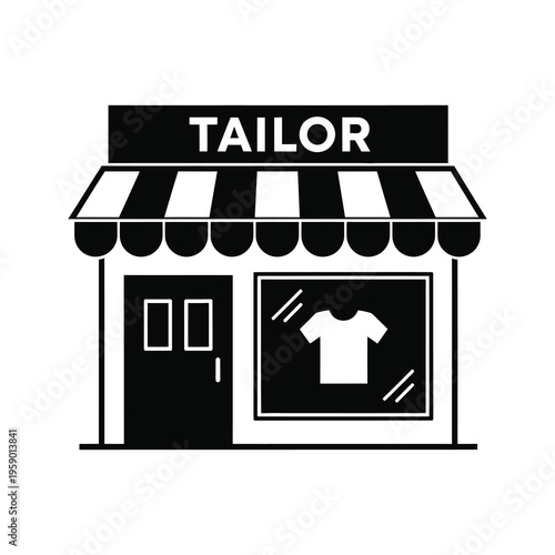 Simple black and white tailor shop storefront with striped awning and tshirt in window icon