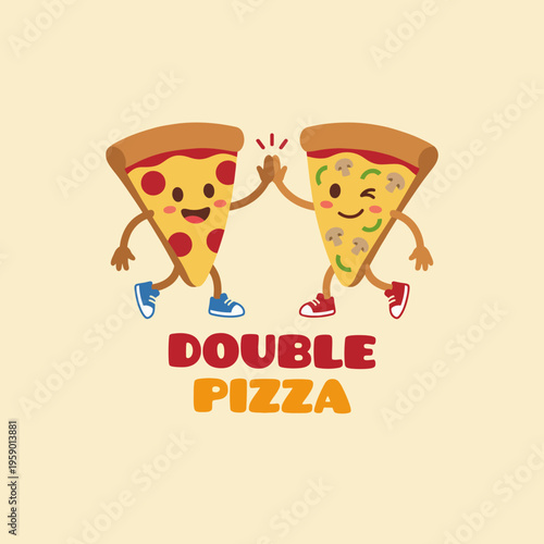 A playful logo featuring two cartoon pizza slices high-fiving, exuding fun and joy, ideal for a casual pizza restaurant or a food-related entertainment concept.