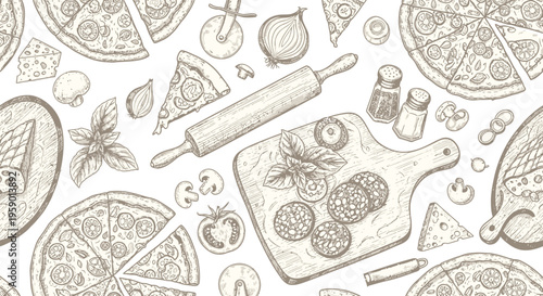 Pizza Ingredients and Tools Sketch Seamless Pattern Vector Illustration