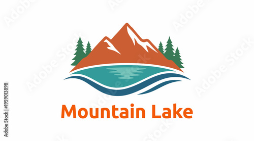 A picturesque logo showcasing a mountain by a tranquil lake, ideal for outdoor recreation, travel, or environmental themes, radiating peace and adventure.