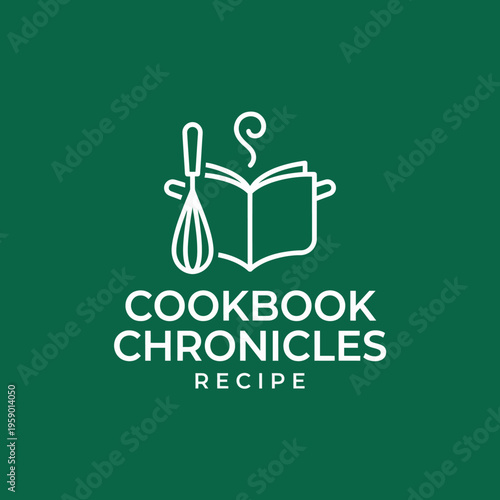 This image highlights a whimsical design featuring a recipe book, a whisk, and steam, representing culinary creativity and sharing. The elements emphasize engagement with cooking.