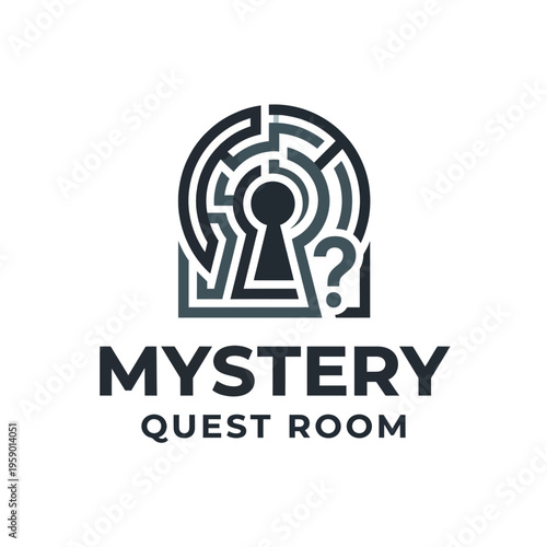 The logo features a keyhole and maze design, symbolizing mystery and adventure in escape rooms. It represents the thrill of puzzles and teamwork in an exciting setting.