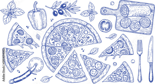 Hand Drawn Pizza Slices and Ingredients Set Vector Illustration Icons