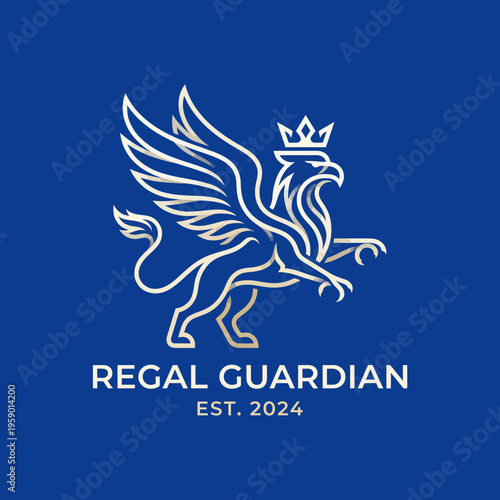 An elegant logo showcasing a griffin with wings spread wide, crowned and ready to protect. This design symbolizes power, royality, and a brand established in 2024.