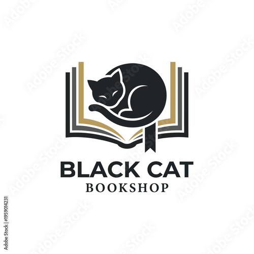 A chic logo showcasing a sleeping black cat on an open book, symbolizing tranquility and love for reading. This elegant design is perfect for a bookshop ambiance.