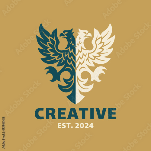 This image features a striking logo combining two stylized eagles in contrasting colors, representing creativity and innovation, perfect for branding or marketing.