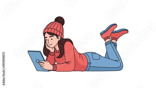 Relaxed young woman in winter hat and sweater lying on stomach, using digital tablet. Leisure & technology.