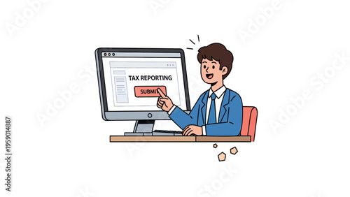 Online Tax Reporting: Happy Man Submitting Digital Tax Form on Computer Screen Illustration