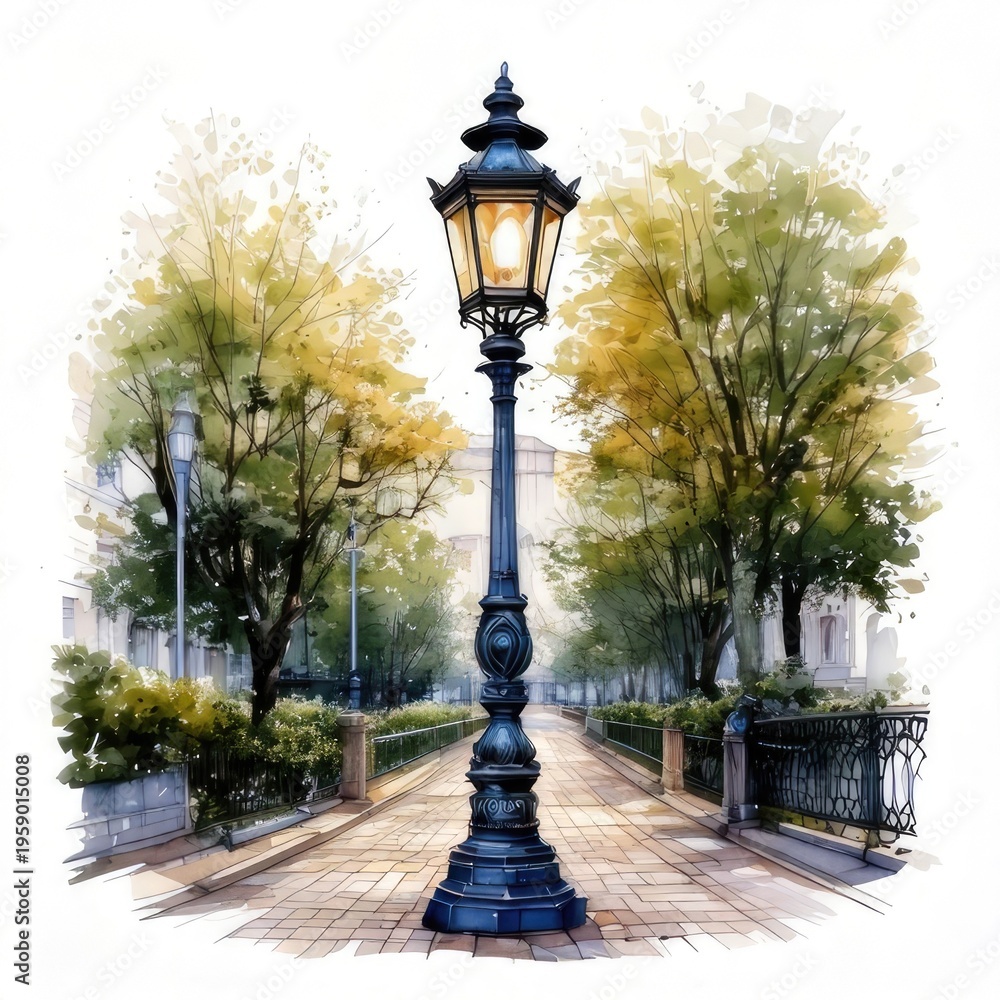 Fototapeta premium Ornate lamppost on path, framed by trees and buildings