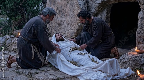 Joseph and Nicodemus placing Jesus in the garden tomb